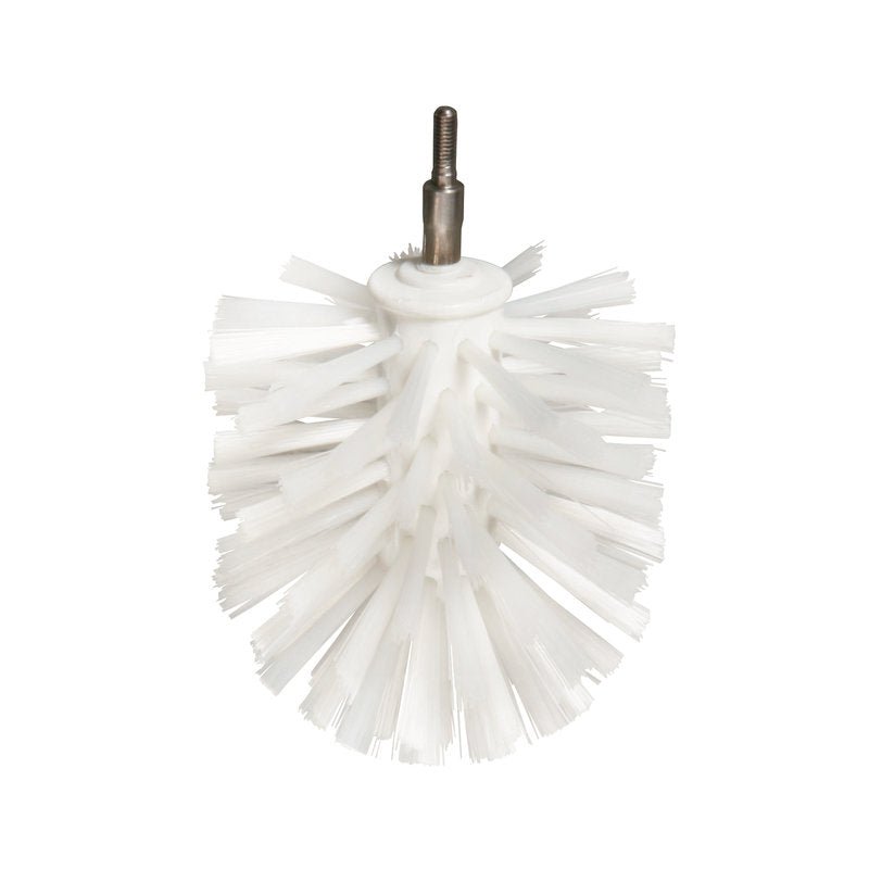 The BALL BRUSH EXTENDABLE, PBT, SOFT from Haug Bürsten KG is a white cylindrical brush head with soft bristles and a metal attachment, designed for use with cleaning tools or drills.