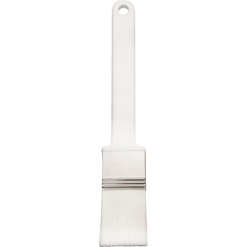 The Haug Bürsten KG FLACHPINSEL, white PBT, tapered, ø 0.25 mm, soft (210x35x45 mm) features a flat bristle head, a metal ferrule, and a straight plastic handle with a hole at the top—perfect for precise painting work.