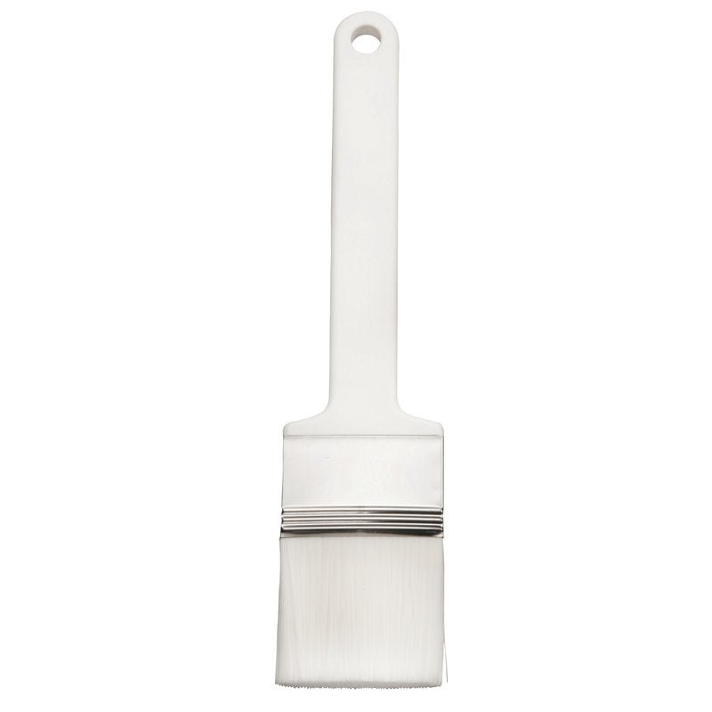 Der Haug Bürsten KG FLACHPINSEL,PBT WEIß GESPITZT ø 0,25MM WEICH (225x50x45mm) verfügt über weiche weiße PBT-Borsten, einen rechteckigen Kunststoffgriff mit Aufhängeloch und eine Metallzwinge - ideal für präzises Malen.