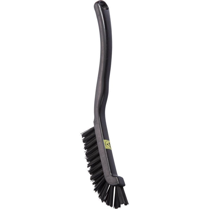 The Haug Bürsten KG ESD JOINT BRUSH features stiff 0.50 mm nylon bristles, a long curved black handle (220x15x19mm) with a hanging hole, and an ESD-safe handle marked with a small yellow label.