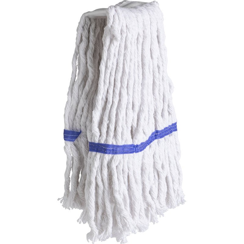 The KENTUCKY MOP WITH BAND, FRINGES 370X150/390X35MM from Haug Bürsten KG is a white cotton mop head with thick, twisted threads and two blue bands, appearing unused and clean against a plain white background.