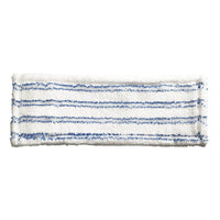 The ABRASIVE MOP HEAD 400MM from Haug Bürsten KG is a white microfiber mop (75% polyester/25% polyamide) with blue stripes and slightly fluffy edges for efficient surface cleaning.