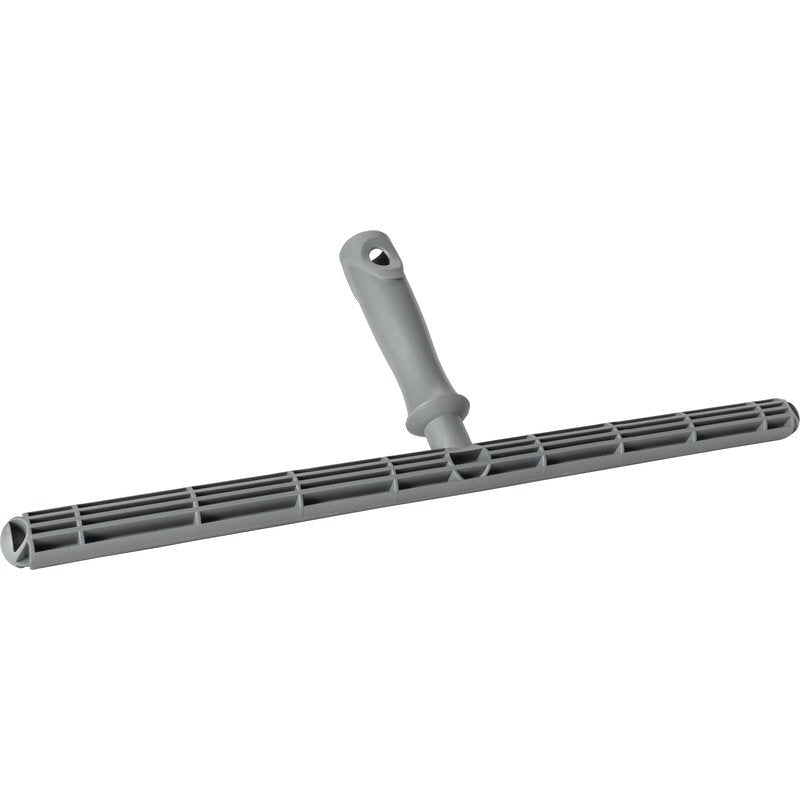 The Haug Bürsten KG T-SHAPED PART, PLASTIC, 450MM FOR WASHER COVERS is a gray plastic window squeegee handle with a grid structure and ergonomic grip, ideal for 450mm washer covers, pictured on a white background.