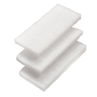 Three rectangular white SCHEUERVLIES PADS (set of 3, soft, 260x120x25mm, F.#8616+17) from Haug Bürsten KG are stacked in an offset pattern. The pads have a rough surface and uneven edges—ideal for household cleaning.