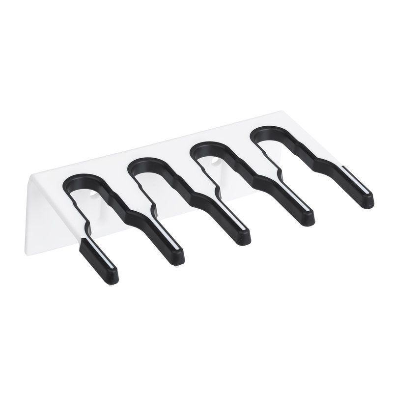 The Haug Bürsten KG PLASTIC DEVICE STRIP 200X70X125 MM is a white rail with four evenly distributed black hooks for securely holding items, mounted obliquely on a flat rectangular base.