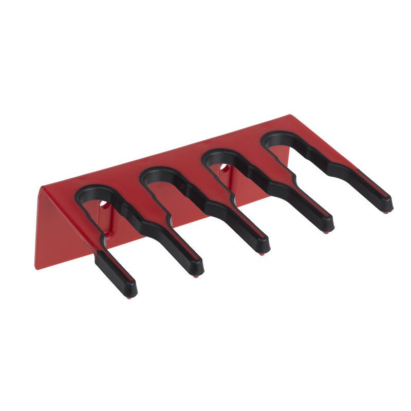 The PLASTIC DEVICE STRIP 200X70X125 MM from Haug Bürsten KG is a red, triangular plastic shelf with four black slots for organizing tools, depicted on a white background.