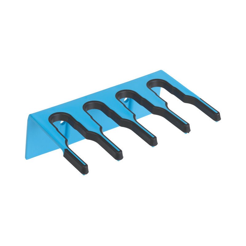 The PLASTIC DEVICE STRIP 200x70x125 mm from Haug Bürsten KG is a blue wall mount made of metal with four black U-shaped slots for organizing items like cables or tools.