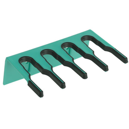 The Haug Bürsten KG PLASTIC DEVICE STRIP 200X70X125 MM is a green wall shelf with four black U-shaped slots for organizing tools or cleaning equipment.