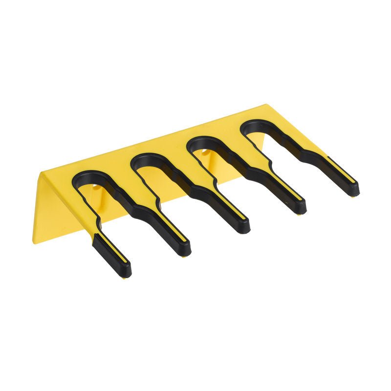 The Haug Bürsten KG PLASTIC DEVICE STRIP 200x70x125 mm is a yellow shelf with four black U-shaped holders that are angled upwards on one side to facilitate access, ideal for organizing tools or cables.