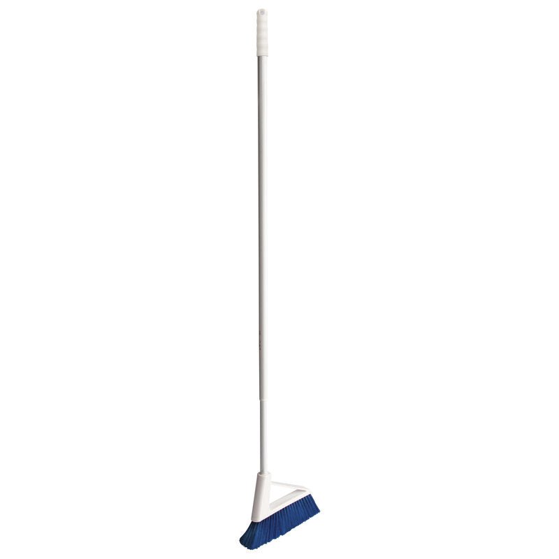 The BROSSETTE BROOMS of Haug Bürsten KG feature soft blue PBT bristles (0.25 mm) and a long telescopic handle, depicted upright in white and gray on a white background.