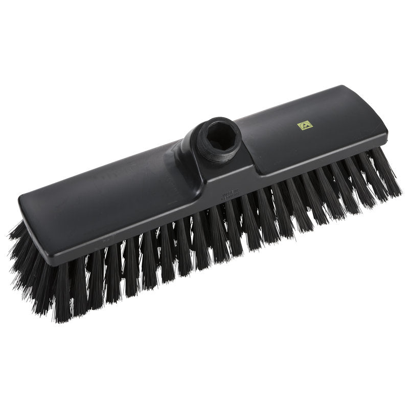 Der ESD BESEN, NYLON 6.0 SCHWARZ ø0,30MM WEICH,300X70X50MM von Haug Bürsten KG ist ein schwarzer antistatischer Besenkopf mit weichen Nylonborsten und einem Stielansatz, ideal für die Reinigung empfindlicher Oberflächen. Abgebildet vor einem weißen Hintergrund.