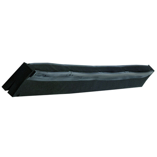 Die ERSATZ-GUMMILIPPE,2-LIPPIG, ZELLKAUT.SCHWARZ, 320X20X22MM von Haug Bürsten KG ist eine schwarze Zellkautschuk-Firstlüftung mit einer reißverschlussähnlichen Naht auf der Oberseite, seitlich dargestellt.