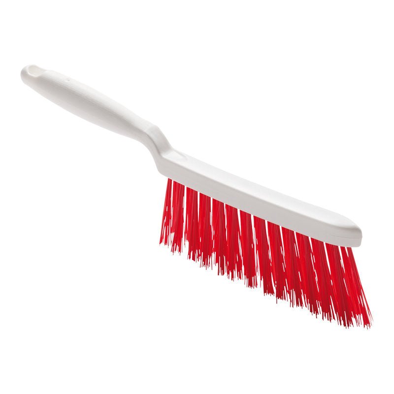 A HAND BROOM, PBT RED ø 0.50MM HARD, 280X15X45 MM from Haug Bürsten KG with a white handle and bright red, hard bristles lies on a plain white background. The long, slightly curved handle provides a comfortable grip.