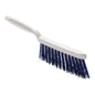 A white handheld device HAND BROOM from Haug Bürsten KG with a long handle and hard dark blue PBT bristles (ø 0.50mm, 280x15x45 mm), isolated on a white background.