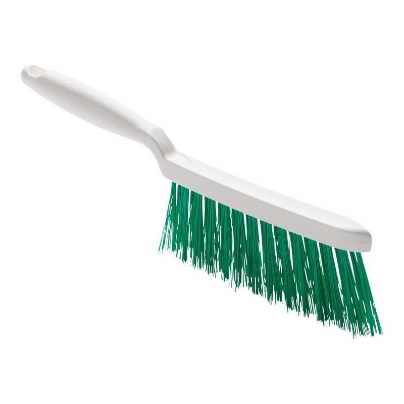 Pictured is a HAND BRUSH, PBT GREEN ø 0.50MM HARD, 280X15X45 MM from Haug Bürsten KG with a white handle and long, straight green bristles on a white background.