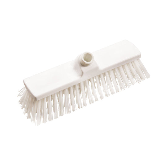 A BESEN, PBT HART 300X70X65MM, ø1,0MM von Haug Bürsten KG: ein weißer rechteckiger Bürstenkopf mit steifen Borsten und zentraler Stielbefestigung, isoliert auf einem schlichten weißen Hintergrund dargestellt.