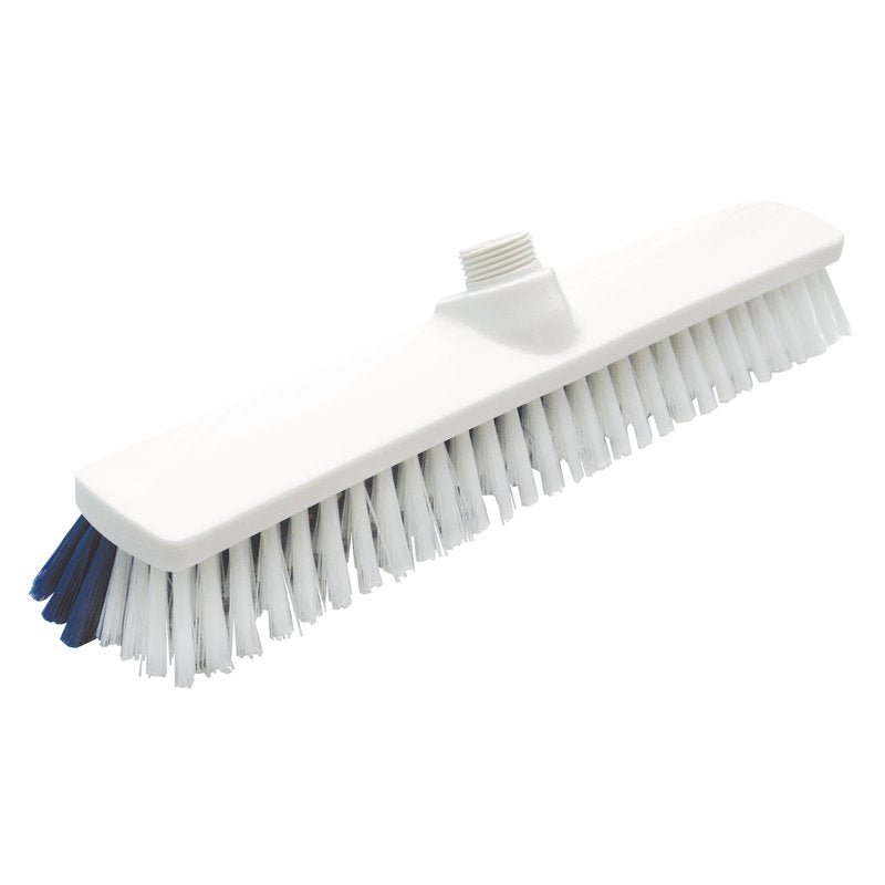 The scrubbing head DUO-BROOM of Haug Bürsten KG has stiff white and dark blue polyester PBT bristles (ø 0.50/0.25 mm), measures 400x60x45/50 mm and features a top mount for easy attachment of the handle.