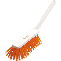 The Haug Bürsten The KG ANTI BAC HAND BROOM features stiff orange PBT bristles (0.50 mm) and a white plastic handle with a hanging hole, measuring 310 x 40 x 45 mm, for effective and hygienic cleaning. Shown against a white background.