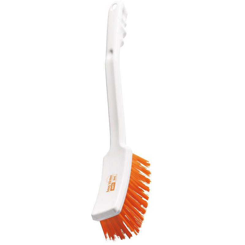 The ANTI BAC HANDLE BRUSH, PBT ORANGE, ø 0.50 mm, HARD, from Haug Bürsten KG is a professional cleaning brush with a white plastic handle, a hanging hole, and orange bristles (400x48x35 mm), photographed against a white background.