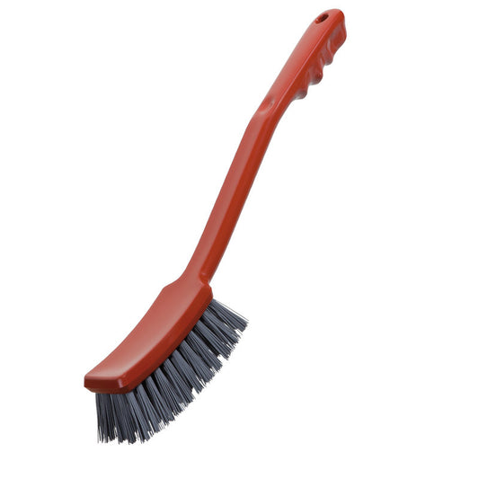 Die METAL DETECT STIELBÜRSTE von Haug Bürsten KG hat graue PBT-Borsten (ø 0,60mm), einen gebogenen Kopf und einen ergonomischen Griff; Größe 400x48x35mm, abgebildet auf weißem Hintergrund.