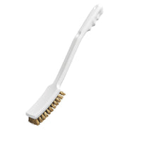 The Haug Bürsten KG STIELBÜRSTE, BRASS WIRE, ø 0.25MM HARD (400x48x20mm) has a white handle with finger grips and a hanging hole. The brown bristles are ideal for thorough cleaning, shown here against a plain white background.