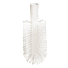 Die ROHRBÜRSTE, PBT TRANSPARENT ø0,50MM, MIT ADAPTER von Haug Bürsten KG ist eine weiße zylindrische Bürste mit steifen, abgewinkelten, transparenten PBT-Borsten und einem hohlen Kunststoffgriff, abgebildet auf einem schlichten weißen Hintergrund.