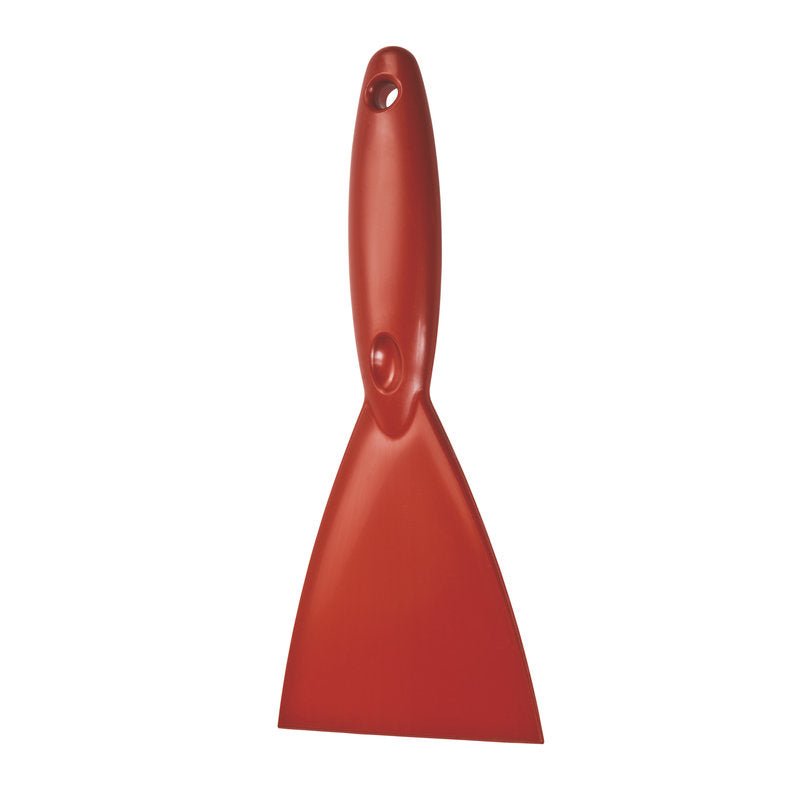 The METALL DETECT SPATULA, PP, OXIDE RED, 250x110X18MM from Haug Bürsten KG is a red polypropylene scraper with a flat blade and a rounded handle with a hanging hole, designed for metal detection. Pictured on a solid white background.