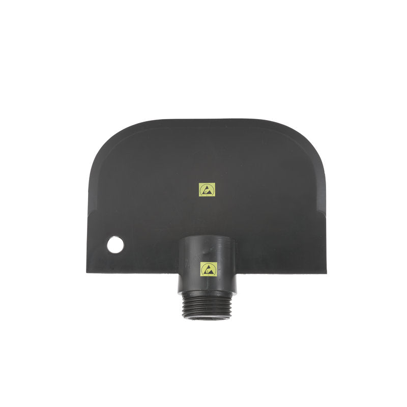 The ESD SCRAPER SMALL of Haug Bürsten KG is a black, flat PP component with a rounded top, a threaded adapter for IN-UP in the center bottom, a small hole at the bottom left, and three yellow electrostatic warning symbols on the surface.