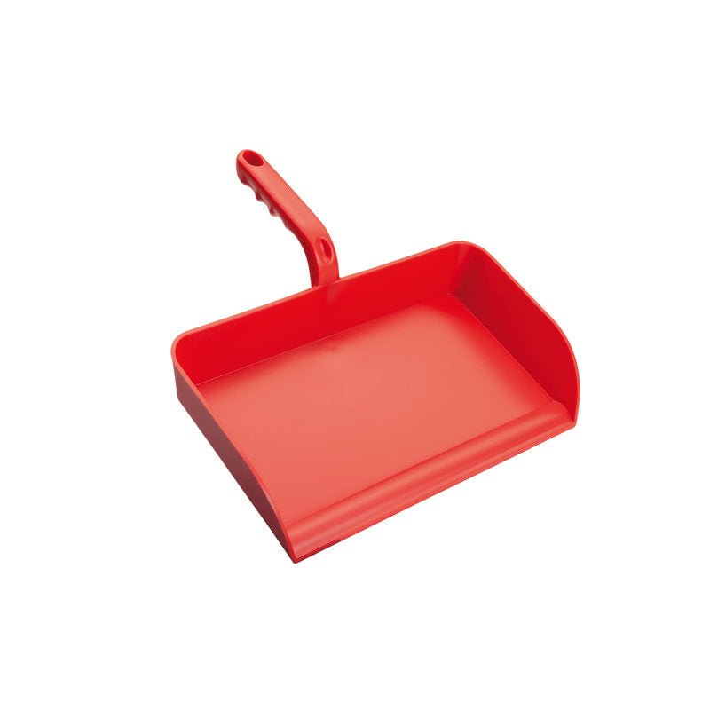The LARGE DUSTPAN from Haug Bürsten KG made of red PP (325x330x100 mm) has no edge, a short angled handle, and a flat bottom. Photographed against a white background.