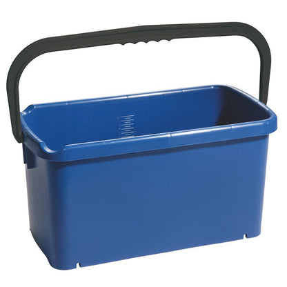 The Haug Bürsten KG BUCKET, SQUARE, PP bucket (20L, 480x235x230mm) is rectangular, blue with a black handle, and shown empty against a white background.