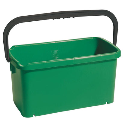 The Haug Bürsten KG bucket, rectangular, made of green polypropylene (20L, 480x235x230mm), with a black handle and an internal measuring scale, is ideal for transporting liquids or cleaning agents.