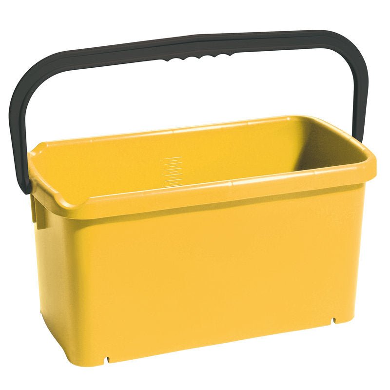 The square BUCKET from Haug Bürsten Polypropylene (PP) measuring jug, 20L capacity (480x235x230mm), features a yellow body with a black, curved handle, a smooth surface, and internal markings for easy measurement.