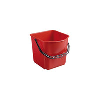 The image shows a Haug Bürsten KG bucket, PP, 15L, with a black handle (340x335x285mm) against a white background. The red bucket is square in shape with rounded edges.