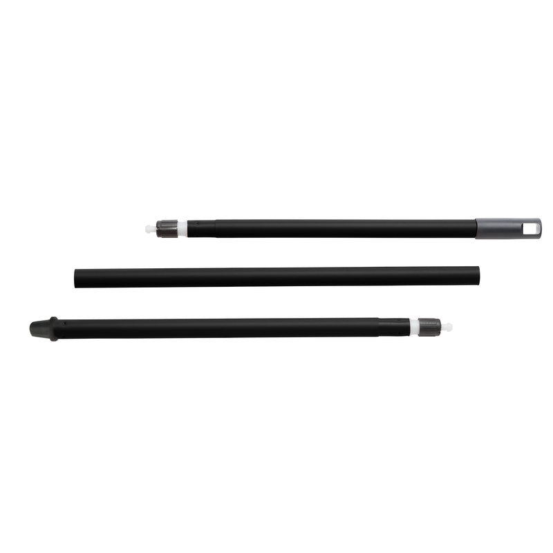 Drei IN-UP BESENSTIEL 3-TEILIG, 1300MM, ø21MM schwarze Stahlsegmente der Haug Bürsten KG mit metallischen und plastischen Enden sind horizontal auf weißem Grund angeordnet, jeweils mit unterschiedlichen Anschlüssen.