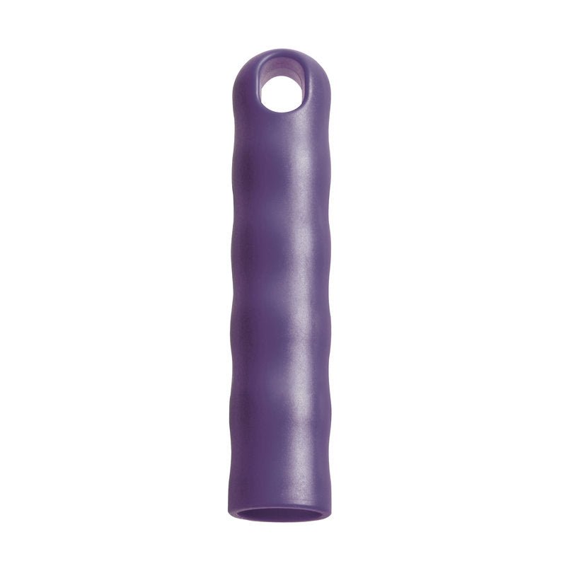 The Haug Bürsten KG HANGING CAP fits all handles with 22mm Ø, has dimensions of 125xø24mm, and features a purple cylindrical silicone handle with grooves and a top hole for hanging - perfect for tool storage.