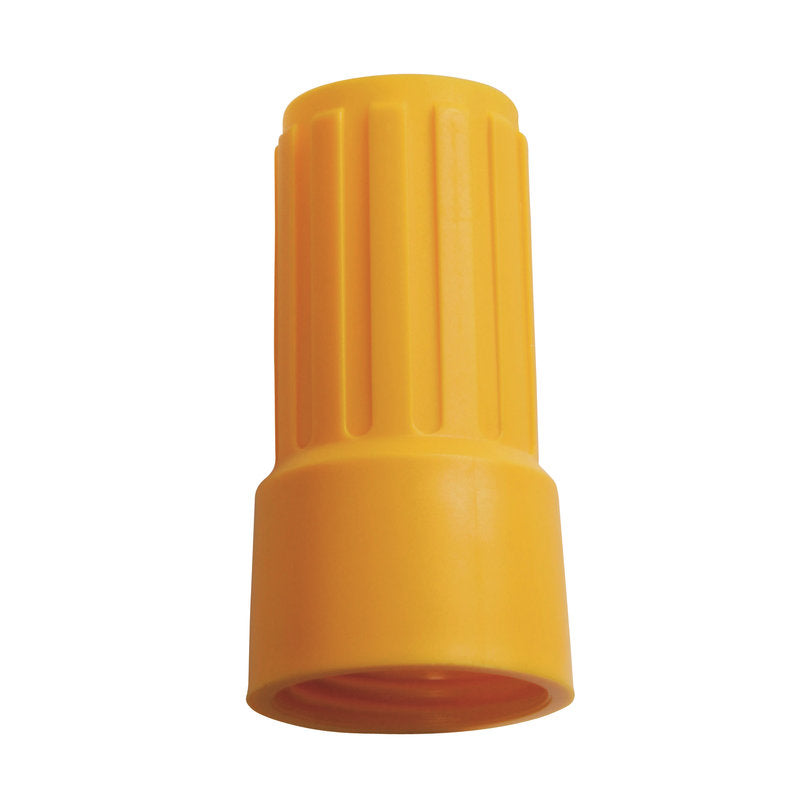 Der ÜBERWURFMUTTER FÜR ADAPTER E1100019 von Haug Bürsten KG ist ein gelber Kunststoffverbinder mit gerippter zylindrischer Form und geschlossenem Ende, der für sichere elektrische Drahtverbindungen verwendet wird.