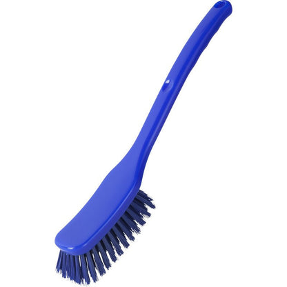 A blue UNIVERSAL BRUSH, WIDE, 295x40x23mm from Haug Bürsten KG with a long handle and stiff bristles for cleaning floors, depicted diagonally on a white background.