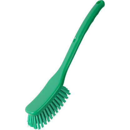 The UNIVERSAL BRUSH, WIDE, 295x40x23mm from Haug Bürsten KG is made of green plastic with a long handle and stiff bristles. Its angled design is ideal for cleaning floors and scrubbing hard-to-reach areas. Depicted on a white background.