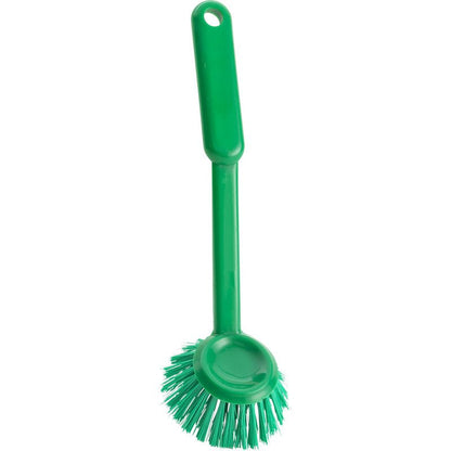 The Haug Bürsten KG ROUND DISH BRUSH, ø 0.35MM HARD (255xø70x23mm), is a green plastic dish brush with a long handle and hard bristles, ideal for efficient kitchen cleaning, depicted on a white background.