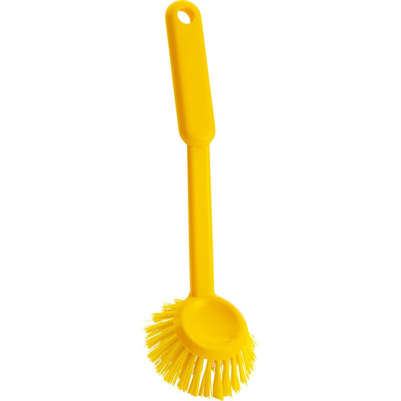 The Haug Bürsten KG ROUND DISH BRUSH, ø 0.35MM HARD (255xø70x23mm), is a yellow round dish brush with stiff bristles and a hanging hole - ideal for effective kitchen cleaning. Depicted against a white background.