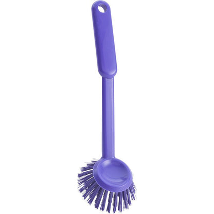 The Haug Bürsten KG ROUND DISH BRUSH (ø0.35mm hard, 255xø70x23mm) is a purple plastic dish brush with a long handle, round hard bristle head, and hanging hole - ideal for kitchen cleaning.