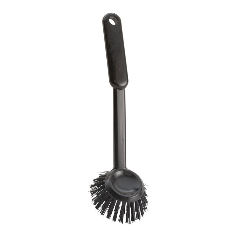 The Haug Bürsten KG ROUND DISH BRUSH, ø 0.35MM hard (255xø70x23mm), features a round black head with hard bristles for efficient kitchen cleaning and a hole in the handle for easy hanging.