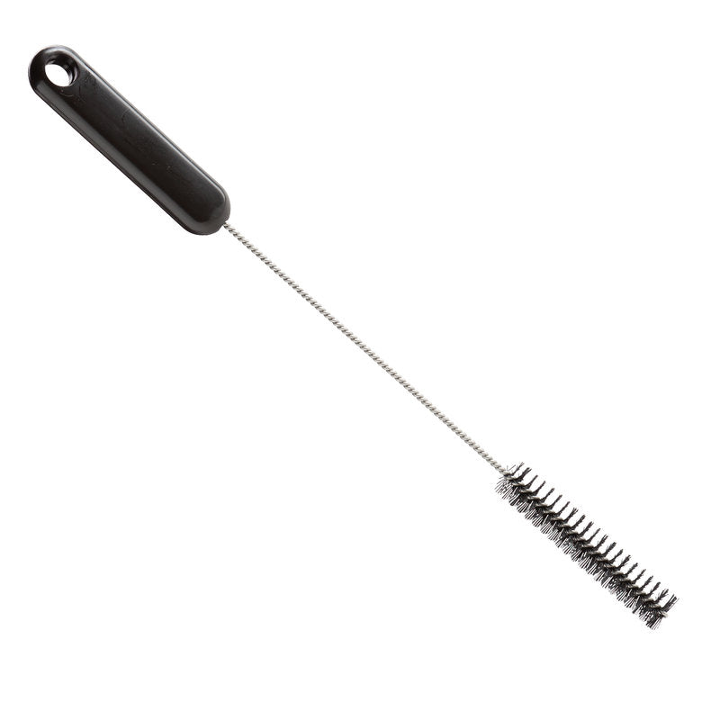 Die Haug Bürsten KG ROHRBÜRSTE, ø 0,35MM HART, 305Xø15X80MM hat einen langen gedrehten Metallstiel, einen schwarzen Kunststoffgriff und feste zylindrische Borsten - ideal für die Rohrreinigung und die Entfernung von hartnäckigem Schmutz.