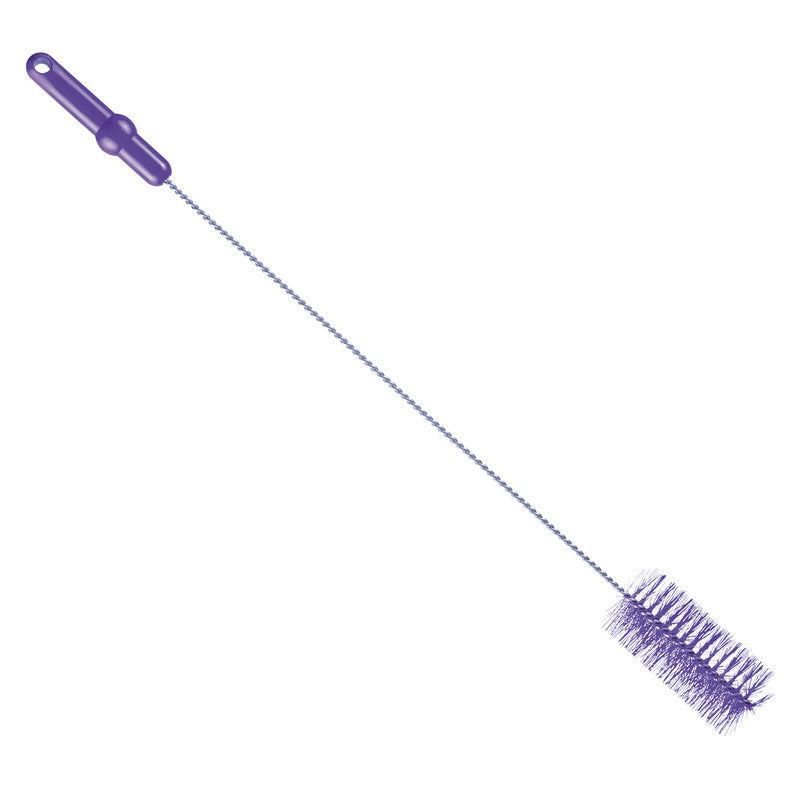 Die ROHRBÜRSTE ø 0,50MM MITTEL 700Xø60MM von Haug Bürsten KG ist eine lange, schmale Bürste mit violettem Kunststoffgriff und zylindrischen Borsten, ideal für die Rohrreinigung, abgebildet auf weißem Hintergrund.