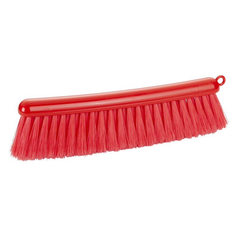 The FLOUR BROOM, RED from Haug Bürsten KG has soft, dense 0.25 mm PBT bristles and a curved handle with a hanging hole - ideal as a practical kitchen or house broom. Length: 290 mm.