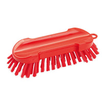 The ROUND, HARD WASHING BRUSH 205X65X30MM from Haug Bürsten KG is a red plastic brush with stiff bristles and a loop handle, shown against a white background.