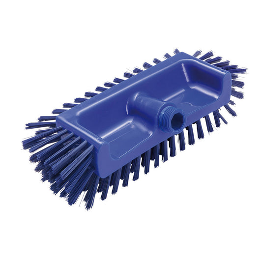 Der ECKENSCHRUBBER ø0,50MM MITTEL von Haug Bürsten KG (320x125x40-50mm) aus blauem Kunststoff mit festen Borsten an Seiten und Unterseite reinigt schwer zugängliche Ecken und hat ein Gewindeloch für einen Stiel.