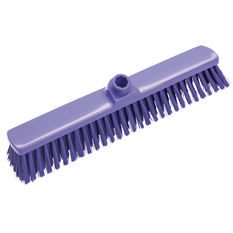 Der GROßRAUMBESEN, 400x60x50mm von Haug Bürsten KG, verfügt über steife Borsten und ein zentrales Gewindeloch zur Stielbefestigung - perfekt für die Reinigung großer Flächen. Abgebildet in lila auf weißem Hintergrund.