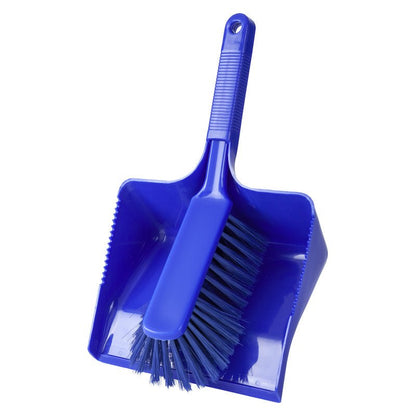 The Haug Bürsten KG KEHRGARNITUR, UNSLOTTED, Ø0.25MM, SOFT, 350MM is a blue plastic set with a matching dustpan and brush with ribbed handles and soft bristles, ideal for cleaning floors.