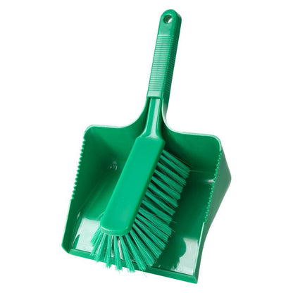 The green KEHRGARNITUR, UNSLOTTED, Ø0.25MM, SOFT, 350MM from Haug Bürsten KG with a soft brush fits in the matching dustpan - perfect for floor cleaning.